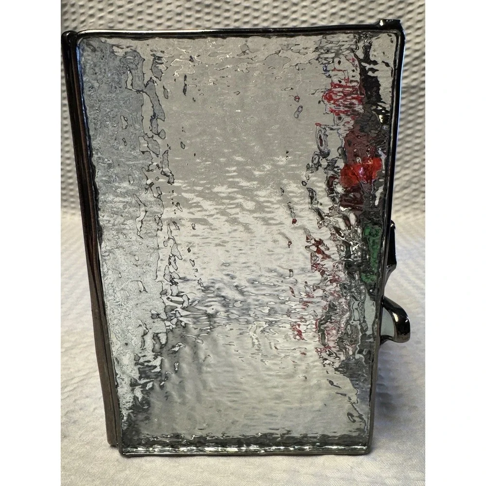 Stained Rectangle Glass and‎ Metal Cardinal Candle Holder Holly Berry Red Bird